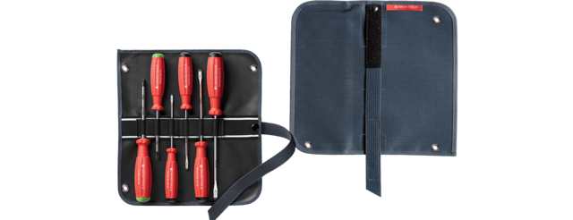 SwissGrip screwdriver set in a compact high-quality, 2-in-1 fabric roll-up case